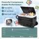 Dual zone 12V 42QT car refrigerator in black, featuring rapid cooling, LED touch panel, and portable design for travel.